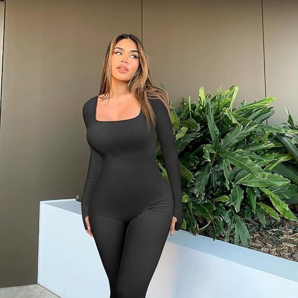 Women Long Sleeve Yoga Jumpsuits Workout Ribbed Bodysuits Pants Sexy One Piece - Picture 1 of 9